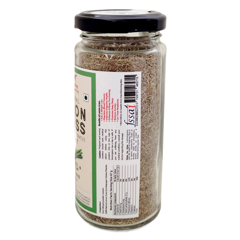 Kabeela Living Herbal Lemon Grass Tea Leaves (Cymbopogon Citratus) 50 g Bamboo Glass Jar, 100% Pure & Natural Dried Loose Tea cut Leaves - Fever Grass, Makes refreshing Lemon Grass Tea