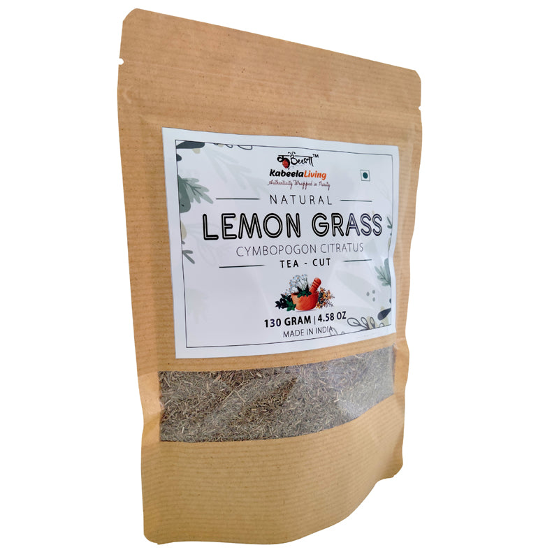 Kabeela Living Herbal Lemon Grass Tea Leaves (Cymbopogon Citratus) 130 g Resealable Pouch, 100% Pure & Natural Dried Loose Tea cut Leaves - Fever Grass, Makes refreshing Lemon Grass Tea