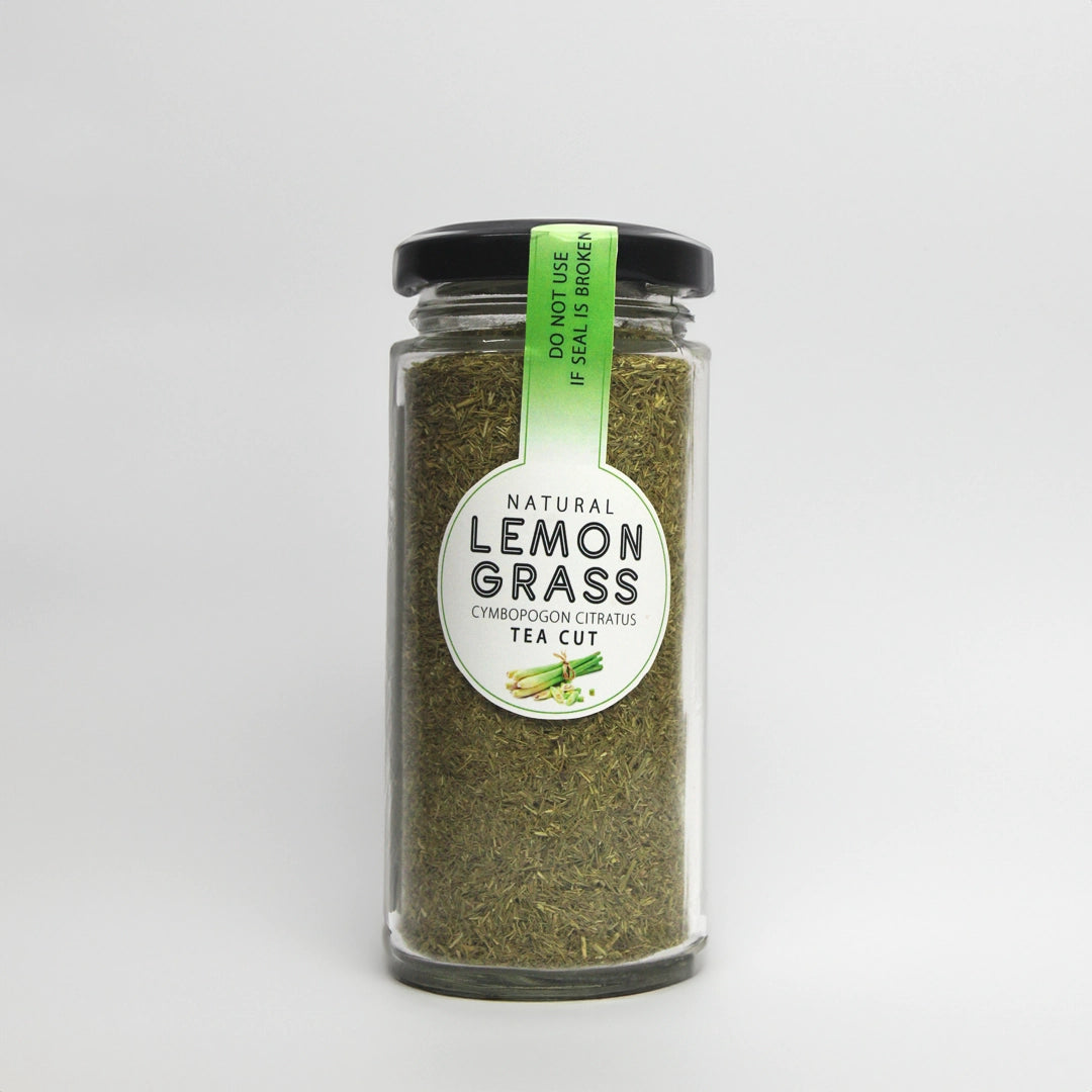 Kabeela Living Herbal Lemon Grass Tea Leaves (Cymbopogon Citratus) 50 g Bamboo Glass Jar, 100% Pure & Natural Dried Loose Tea cut Leaves - Fever Grass, Makes refreshing Lemon Grass Tea