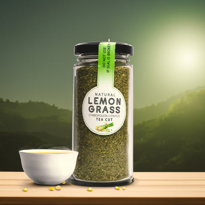 Kabeela Living Herbal Lemon Grass Tea Leaves (Cymbopogon Citratus) 50 g Bamboo Glass Jar, 100% Pure & Natural Dried Loose Tea cut Leaves - Fever Grass, Makes refreshing Lemon Grass Tea