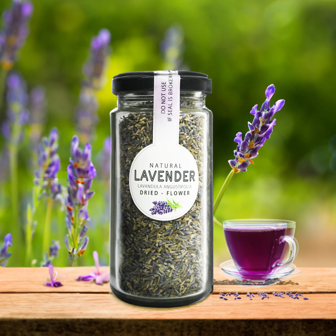 Kabeela Living Premium Lavender Flower Dried 30g Glass Bamboo Jar, Natural Sun Dried Lavender Flower Buds for Iced Tea, Baking, Bath, Stress Relief
