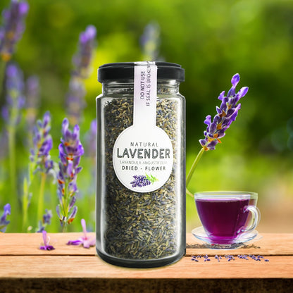 Kabeela Living Premium Lavender Flower Dried 30g Glass Bamboo Jar, Natural Sun Dried Lavender Flower Buds for Iced Tea, Baking, Bath, Stress Relief