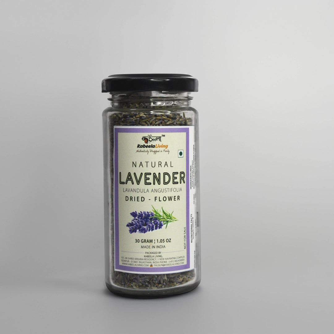 Kabeela Living Premium Lavender Flower Dried 30g Glass Bamboo Jar, Natural Sun Dried Lavender Flower Buds for Iced Tea, Baking, Bath, Stress Relief