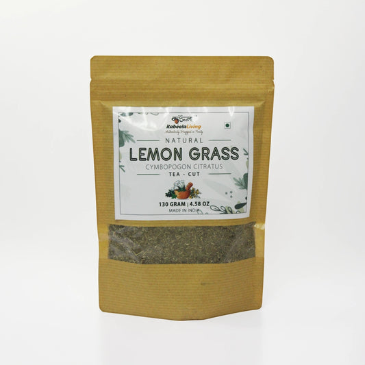 Kabeela Living Herbal Lemon Grass Tea Leaves (Cymbopogon Citratus) 130 g Resealable Pouch, 100% Pure & Natural Dried Loose Tea cut Leaves - Fever Grass, Makes refreshing Lemon Grass Tea